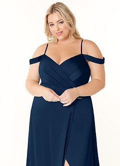 Azazie Ocean Bridesmaid Dresses Dark Navy A-Line V-Neck Pleated Stretch Satin Dress image10