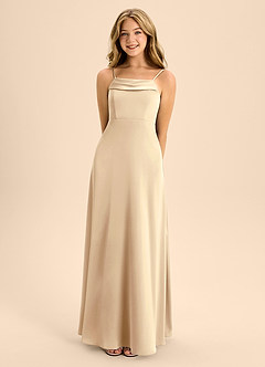 Azazie Anselie Junior Champagne A-Line Off the Shoulder Stretch Satin Dress image4