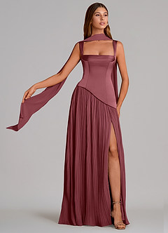Azazie Stephanie Bridesmaid Dresses Desert Rose A-Line Pleated Stretch Satin Dress image1