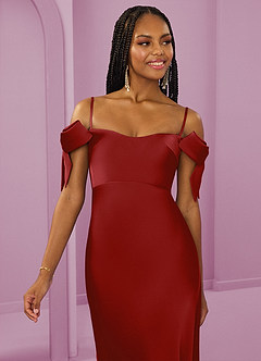 Barbie ♥ Azazie Robes de demoiselle d'honneur Robe Fourreau Convertible en Satin extensible Épaule décolletée Grenade image3