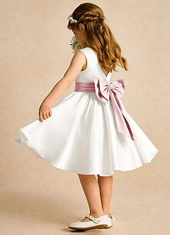 Azazie Sosie Flower Girl Dresses Ivory Powder Pink A-Line Pleated Matte Satin Dress image4