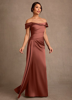 Azazie Beah Mother of the Bride Dresses Auburn Sheath Off the Shoulder Stretch Satin Dress image2