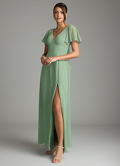 Azazie Kimber Bridesmaid Dresses Matcha A-Line Flounce Sleeve Chiffon Dress image5