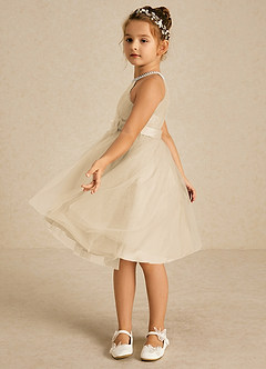 Azazie Honey Flower Girl Dresses Champagne A-Line Beaded Matte Satin Dress image3