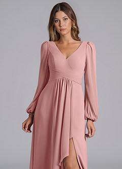Azazie Liah Bridesmaid Dresses Dusty Rose A-Line Long Sleeve Chiffon Dress image6