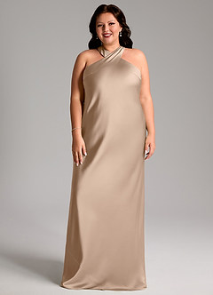 Azazie Doretta Bridesmaid Dresses Taupe Mermaid Pleated Stretch Satin Dress image6