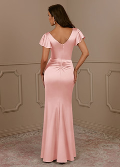 Azazie Roya Mother of the Bride Dresses Powder Pink Mermaid V-Neck Pleated Stretch Satin Dress image4