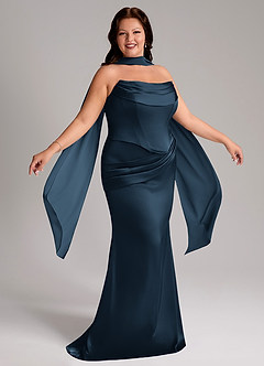 Azazie Sorrel Bridesmaid Dresses Dark Navy Mermaid Strapless Stretch Satin Convertible Dress image9