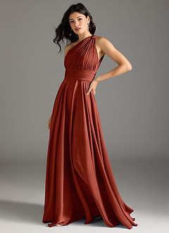 Azazie Charlize Robes de demoiselle d'honneur Robe Trapèze en Satin extensible Ue épaule Terracotta image12