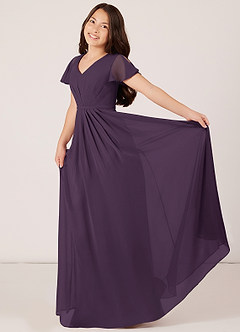 Azazie Peony Junior Robe Trapèze en Mousseline de soie Plissée Prune image4