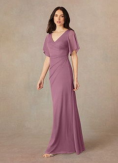 Azazie Selah Mother of the Bride Dresses Vintage Mauve A-Line V-Neck ruched Mesh Dress image2