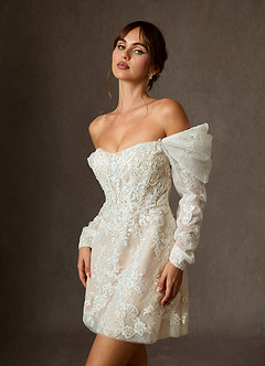 Azazie Winter Wedding Dresses Diamond White Champagne A-Line Strapless Lace Dress image6