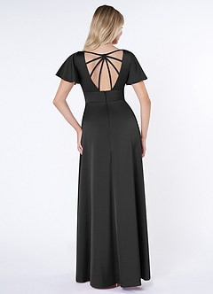 Azazie Lani Bridesmaid Dresses Black A-Line Flounce Sleeve Stretch Satin Dress image2