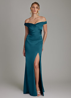 Azazie Teyana Bridesmaid Dresses Ink Blue Sheath Off the Shoulder Stretch Satin Dress image4