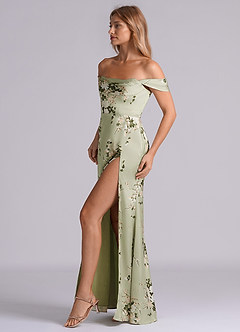 Azazie Saige Bridesmaid Dresses Floral Vines Sheath Off the Shoulder Stretch Satin Dress image6