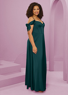 Barbie ♥ Azazie Jurken voor bruidsmeisjes Jurk van Stretch Satijn met A-Lijn Off the Shoulder Pijnboom image12