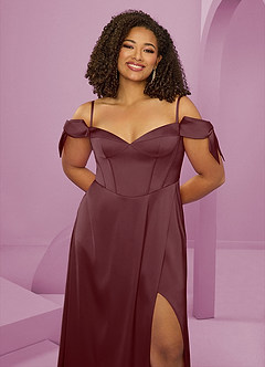 Barbie ♥ Azazie Bridesmaid Dresses Sangria A-Line Off the Shoulder Stretch Satin Dress image13
