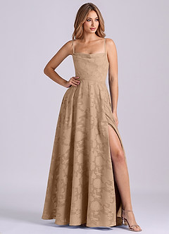 Azazie Elle 신부 들러리 드레스 A라인 주름진 플로럴 번아웃 바닥 길이 드레스 image1