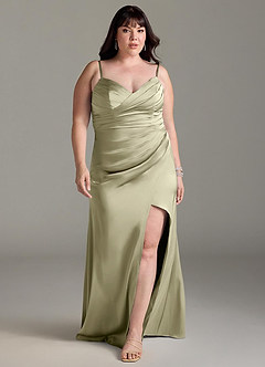 Azazie Yola Bridesmaid Dresses Pistachio Sheath V-Neck Pleated Stretch Satin Convertible Dress image9