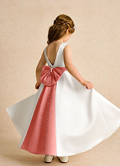 Azazie Cherry Flower Girl Dresses Ivory Salmon Pink Ball-Gown Pleated Matte Satin Dress image4