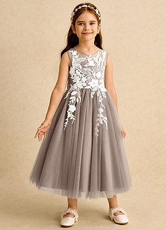 Azazie Sundae Flower Girl Dresses Taupe Ball-Gown Lace Dress image5