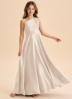 Azazie Charlize Junior Abito A-Line in Raso Elasticizzato Plissettato Alabastro Bianco image5