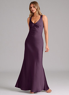 Azazie Kamila Bridesmaid Dresses Plum A-Line Pleated Stretch Satin Dress image3