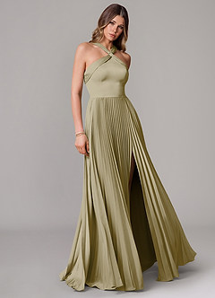 Azazie Afra Robes de demoiselle d'honneur Robe Trapèze en Satin extensible Plissée Vert Mousse image1