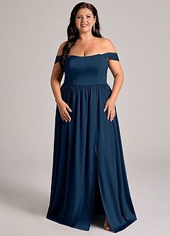 Azazie Calianna Robes de demoiselle d'honneur Robe Trapèze Convertible en Satin extensible Épaule décolletée Bleu Marine Foncé image6