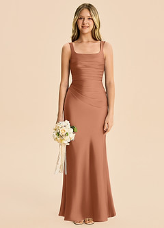 Azazie Agustina Junior Bronzer Sheath Pleated Stretch Satin Dress image6