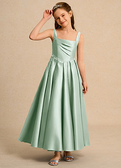 Azazie Mochi Girl Jurken voor bloemenmeisjes Baljurk Jurk van Mat Satijn Geplooid Agave image6