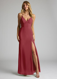 Azazie Becca Bridesmaid Dresses Pomegranate Sheath V-Neck Chiffon Dress image4