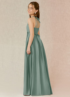 Azazie Arianthe Junior Vestido Salvia Plateada de Satén Elástico de Corte en A con con bolsillos image3