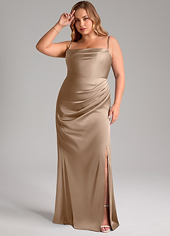Azazie Leonis Brautjungfernkleider Wandelbar Meerjungfrau-Linie Plissee Stretch-Satin Kleid Taupe image12