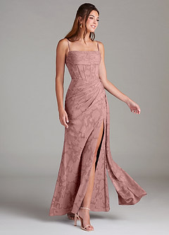 Azazie Denisa Bridesmaid Dresses Dusty Rose Sheath Pleated Floral Burnout Dress image4