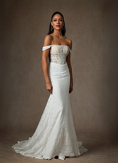 Azazie Idalis Wedding Dresses Diamond White Nude Mermaid Lace Dress image1