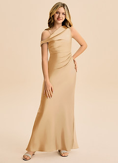 Azazie Emerson Junior Vestido de Oro de Satén Elástico de Corte Recto con Vestidos sin tirantes image1