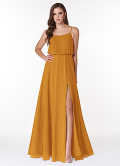 Azazie Lupe Robes de demoiselle d'honneur Robe Trapèze en Mousseline de soie Blouson échancré Caramel écossais image1