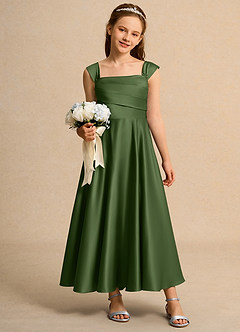 Azazie Bundle Girls Formal vestidos de niña de las flores Vestido de Oliva de Satin Mate de Corte en A con Plisado image3