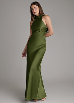 Azazie Dimitra Bridesmaid Dresses Olive A-Line Pleated Stretch Satin Dress image6