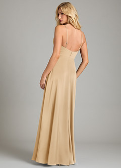 Azazie Sarella Vestidos de damas de honor Vestido de Oro de Satén Elástico de Corte en A con Plisado image2