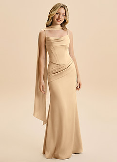 Azazie Sorrel Junior Champagne Mermaid Ruched Stretch Satin Dress image3