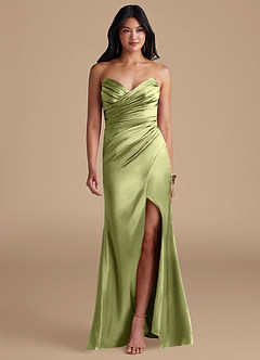 Azazie Yola Bridesmaid Dresses Pistachio Sheath Pleated Metallic Satin Dress image1