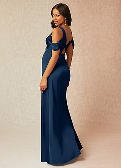 Azazie Rhea vestidos de dama de honor de maternidad Vestido de Acampanado Off The Shoulder Plisado Largo hasta el piso Stretch Satin image5