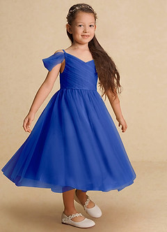 Azazie Lizzette vestidos de niña de las flores Vestido de Azul Real de Tul de Corte En A con Volante image4