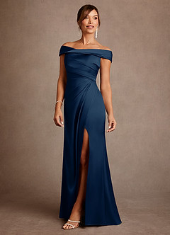 Azazie Bedford Mother of the Bride Dresses Dark Navy Sheath Pleated Stretch Satin Dress image2
