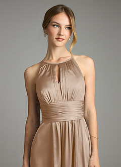 Azazie Bonnie Bridesmaid Dresses Taupe A-Line Pleated Stretch Satin Dress image2
