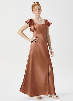 Azazie Bondi Junior Bronzer A-Line Side Slit Metallic Satin Dress image3