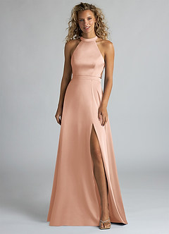Azazie Clarice Bridesmaid Dresses Rose Gold A-Line High Neck Stretch Satin Dress image4