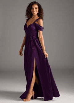 Azazie Lianne Bridesmaid Dresses Grape A-Line Off the Shoulder Stretch Satin Dress image7